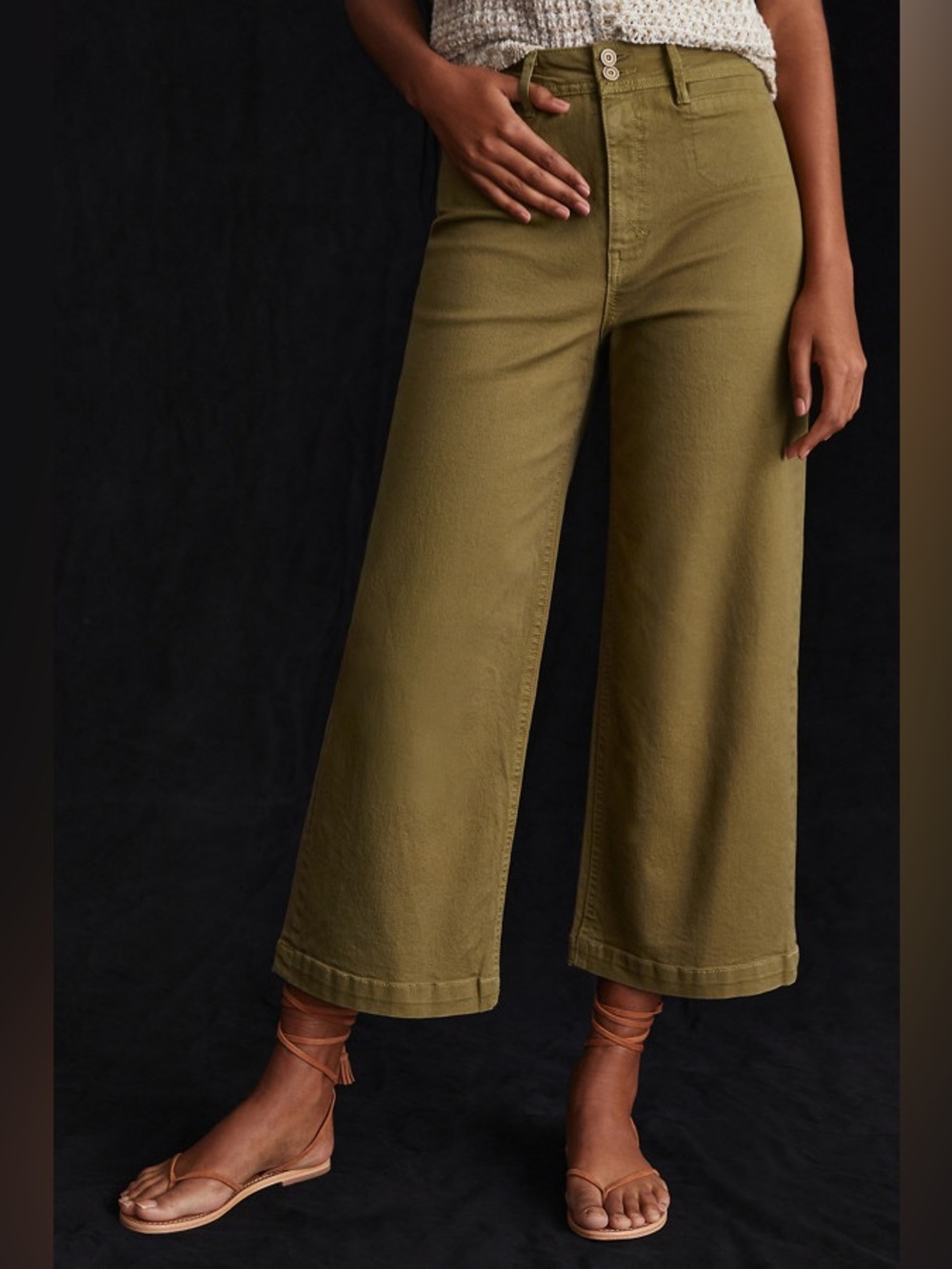 Anthropologie Unpublished Gemma High Rise Wide Leg Crop Cotton Pants in Moss